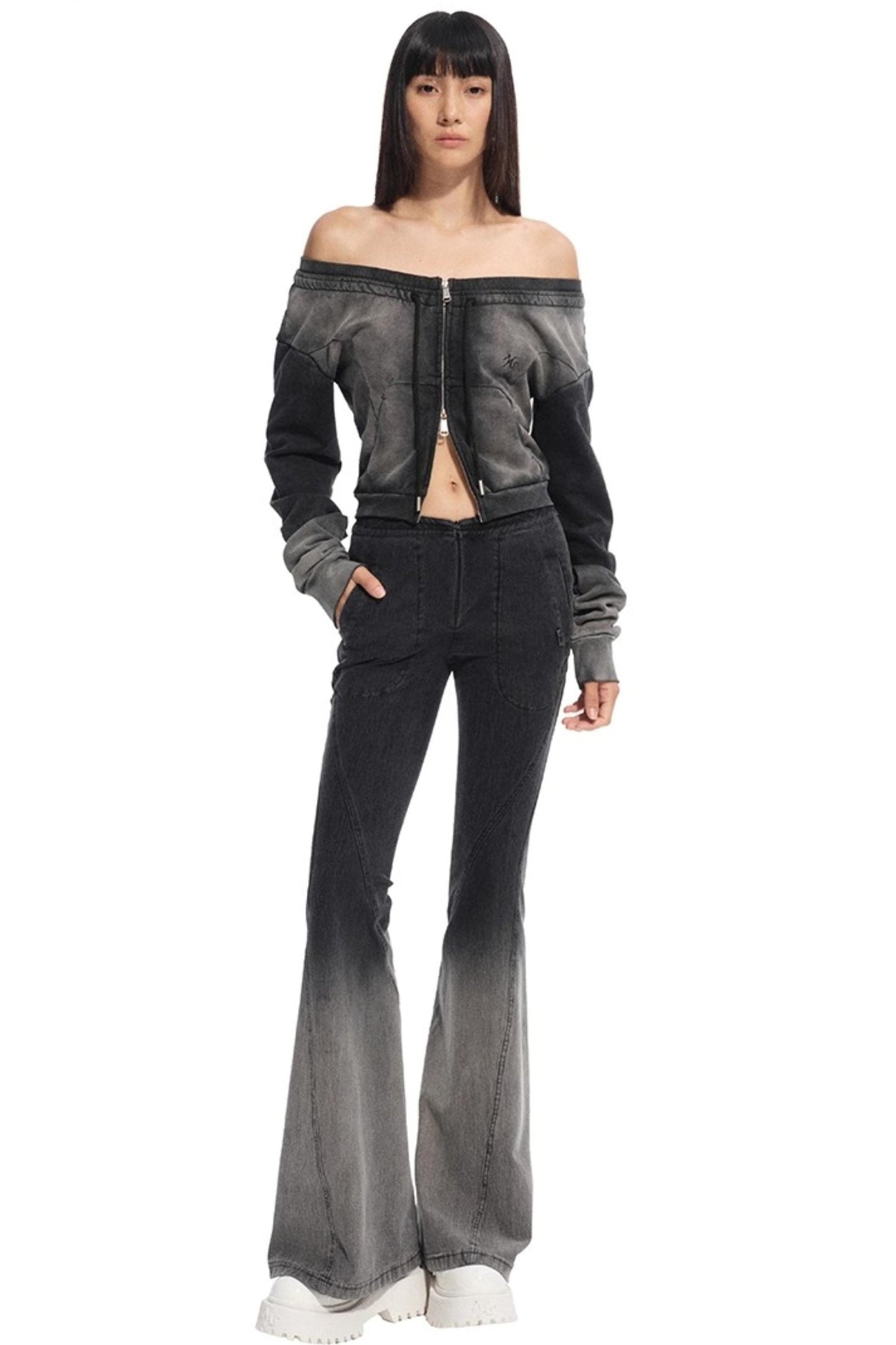 Ink-Dotted One-Shoulder Long-Sleeved Top
