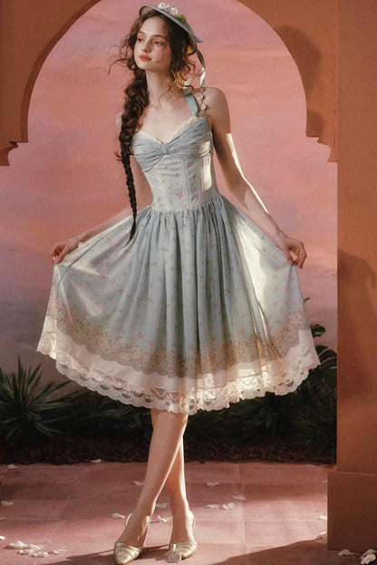 Green Floral Sweet Strap Dress