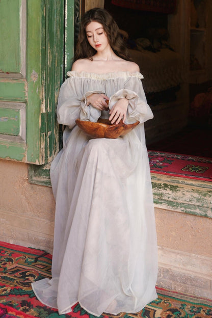 French Romantic Lace Neck Long Dress