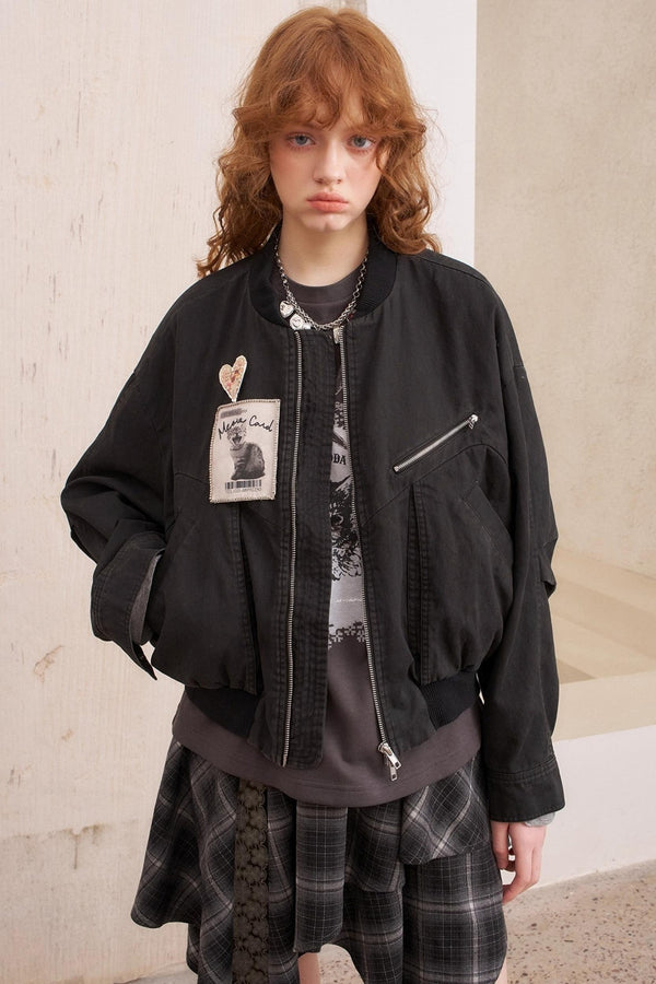 Kitten Badge Dropped Shoulder Jacket