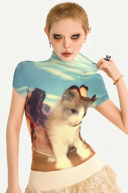 Figurbetontes T-Shirt mit Kätzchen-Print