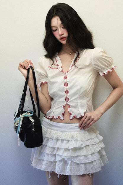 Summer V-Neck Lace Bow Top