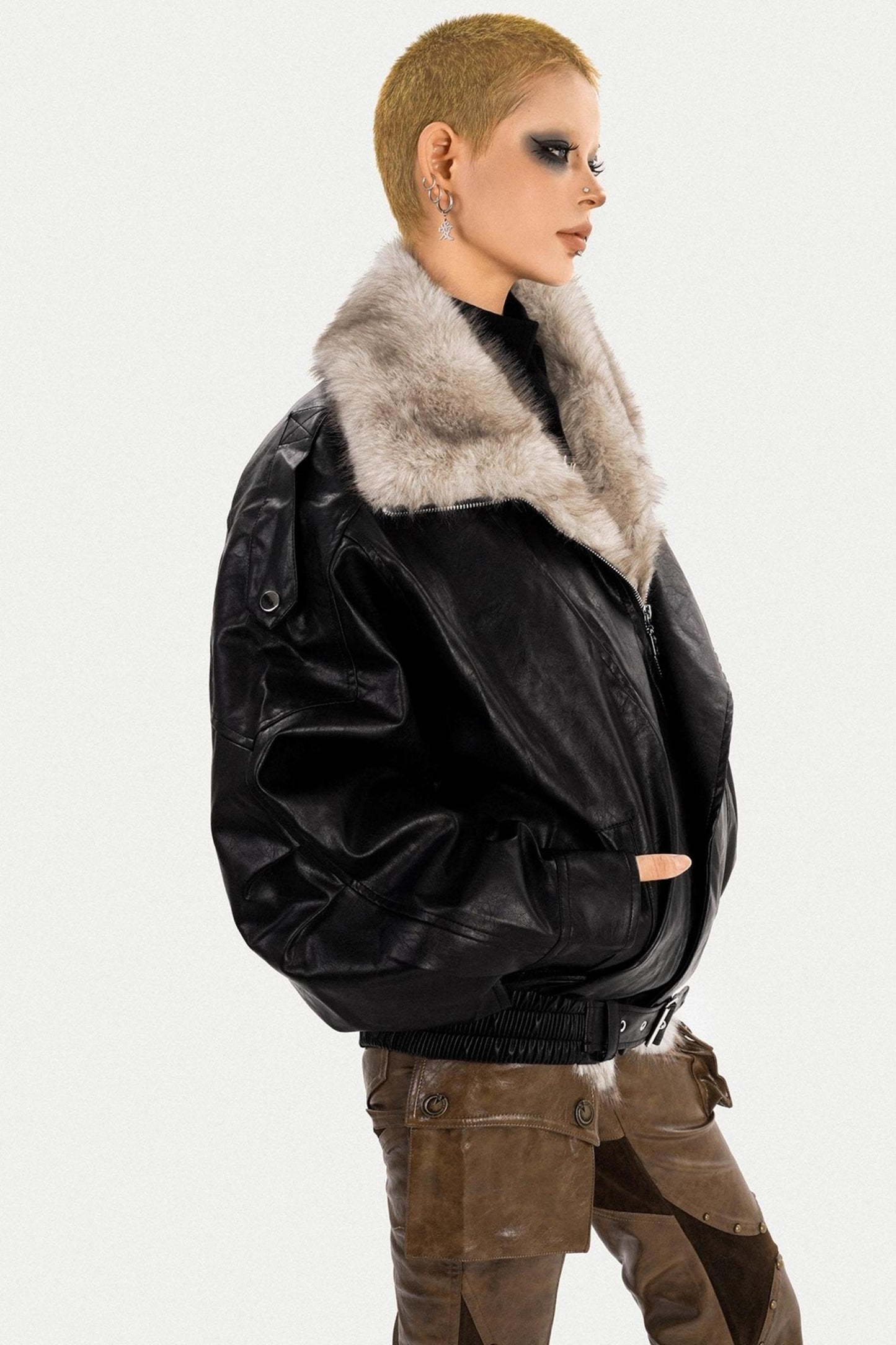 Thickened Pu Leather Fur Collar Jacket