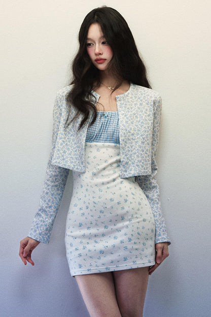 Blue Plaid Floral Halter Dress & Cardigan Set-Up