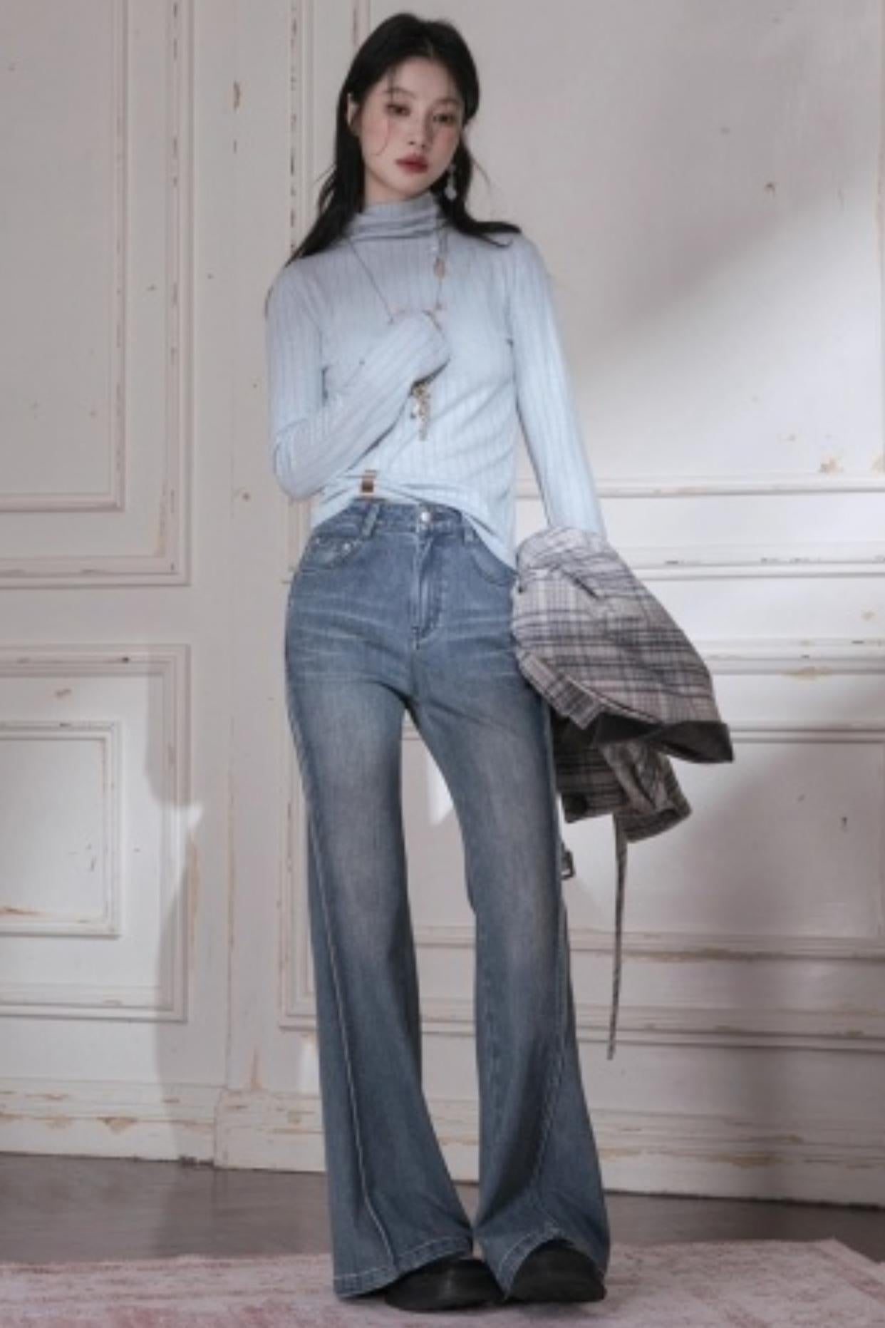 Light Blue Turtleneck Knitwear Top