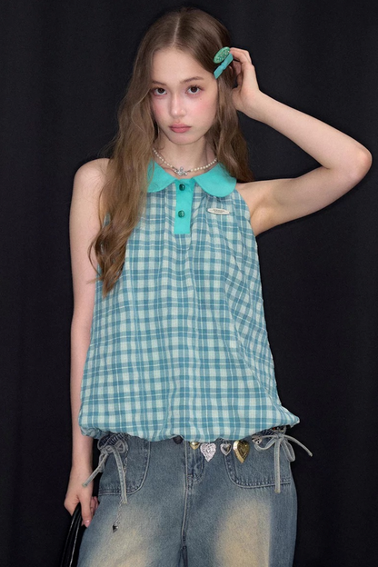 Blue Green Plaid Ruffled Halter Top