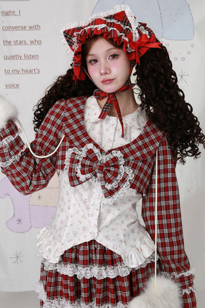Christmas Red Checkered Bow Short Jacket