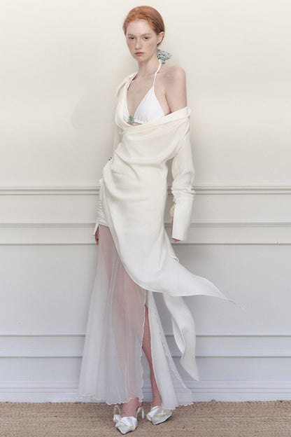 White Pleated Satin Blouse