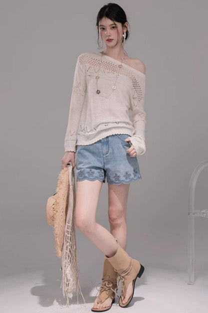 Laser Embroidery Denim Pants