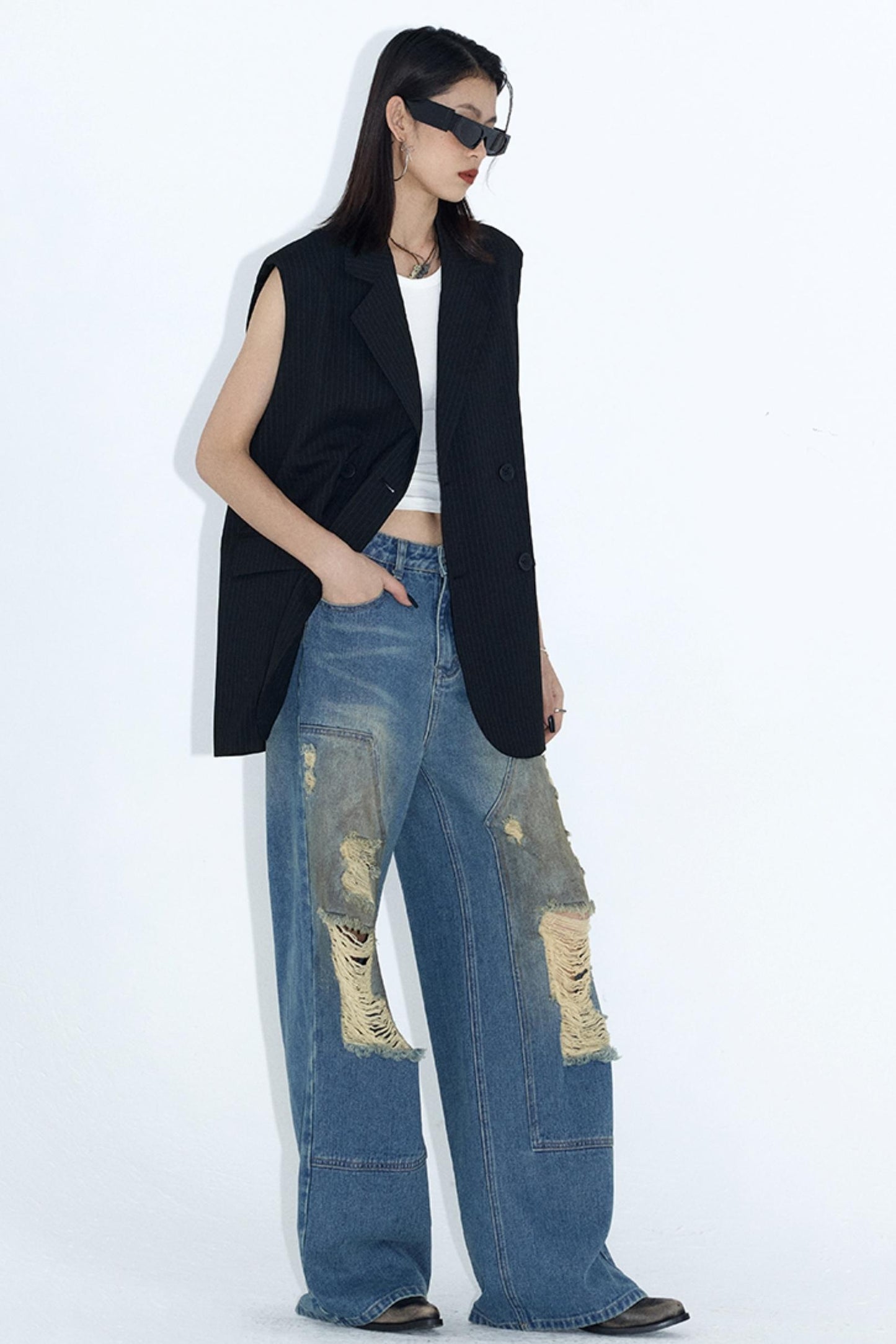 Deconstructed Distressed Wide-Leg Jeans