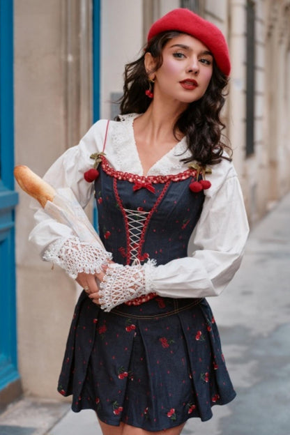 Cherry Embroidery Denim Skirt Set-Up