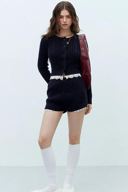 Floral Knit Cardigan Shorts Set-Up