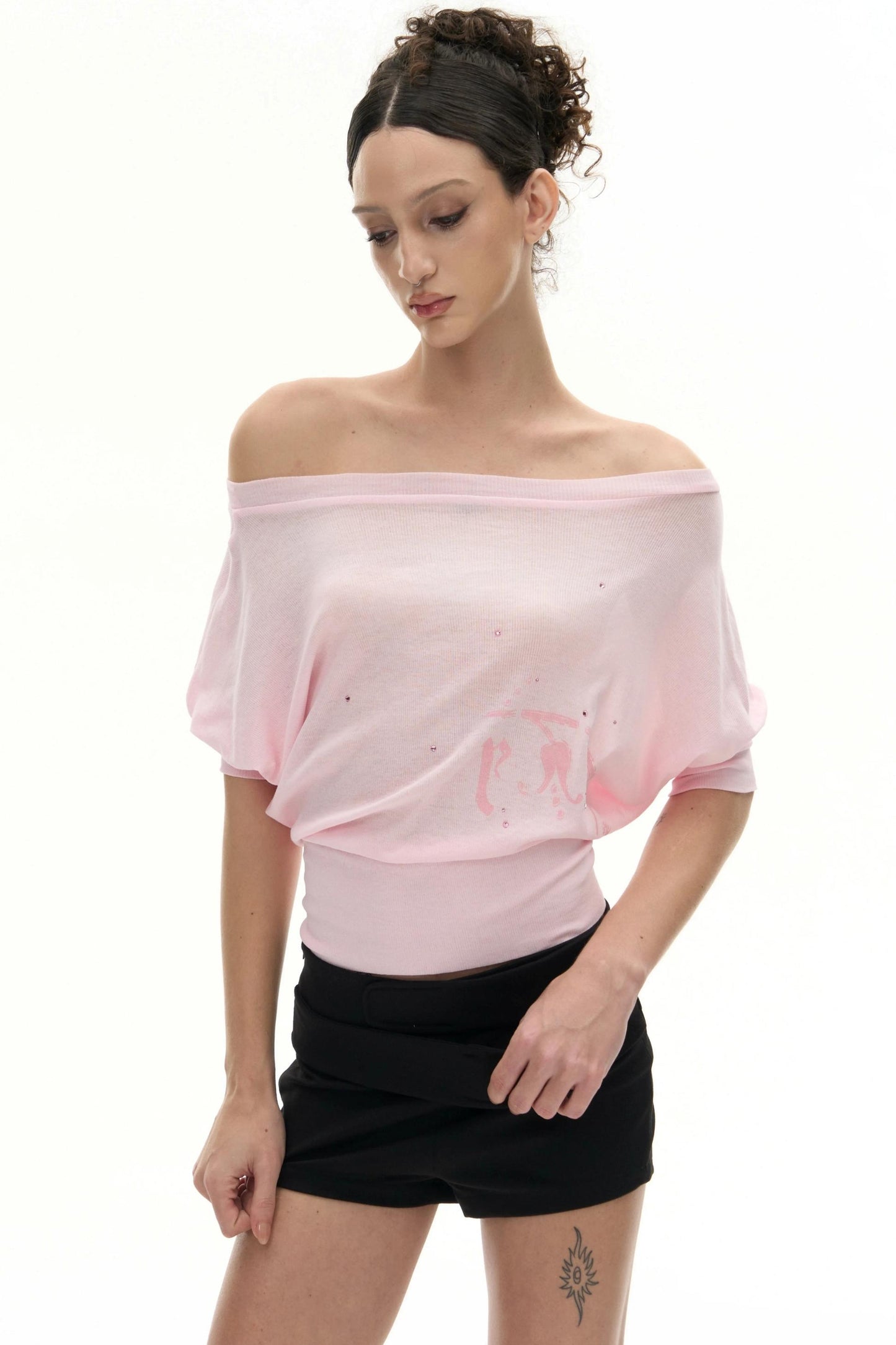 Two-Tone Rhinestone One-Shoulder T-Shirt