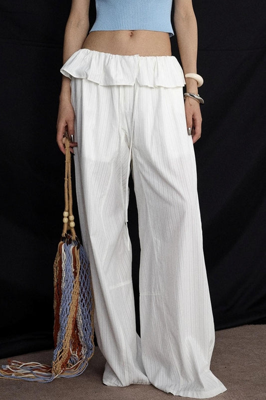 White Lace Drawstring Wide-Leg Pants