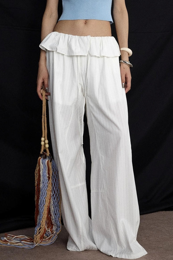 White Lace Drawstring Wide-Leg Pants