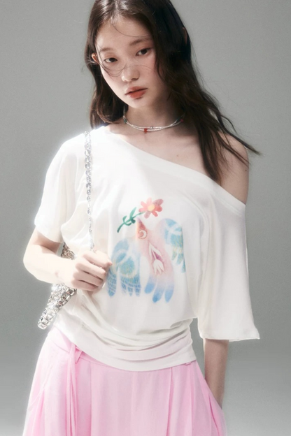 Mint Bird Print Off-Shoulder Ruched Top