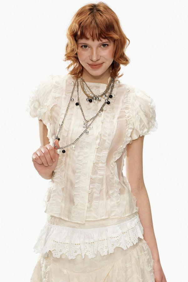 Beige Jacquard Puff Sleeve Blouse