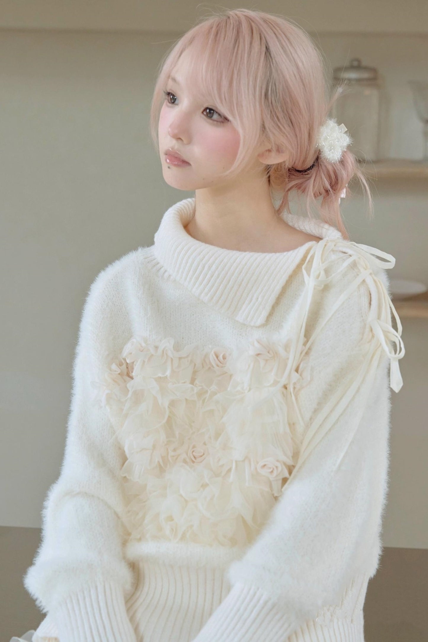 Beige Pleated Mink Velvet Sweater