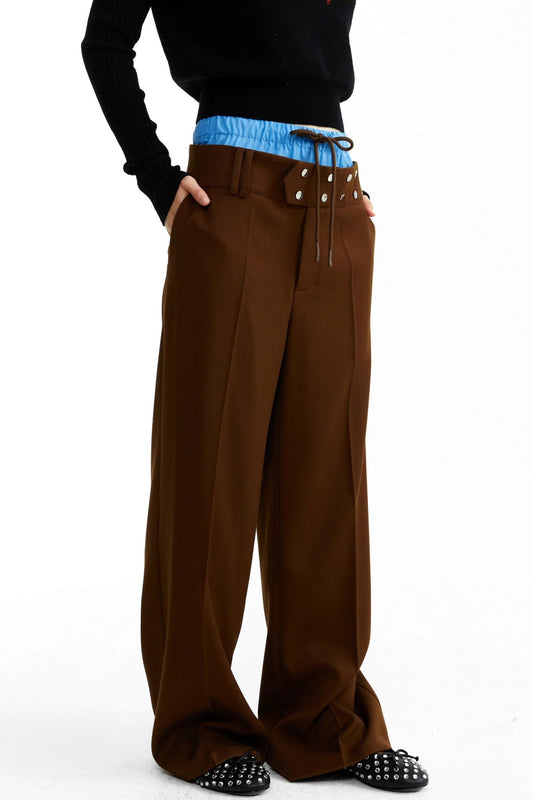 Blue and Brown Contrast Belt Decorative Pants