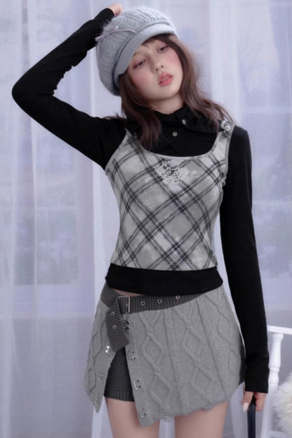 Retro Plaid Turtleneck Fake Two-Piece Top