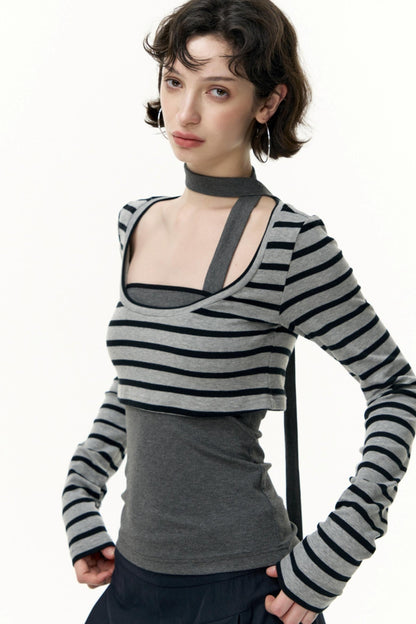 Contrast Long-Sleeved Top With Bandeau Set