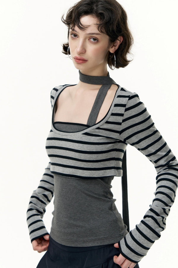 Contrast Long-Sleeved Top With Bandeau Set