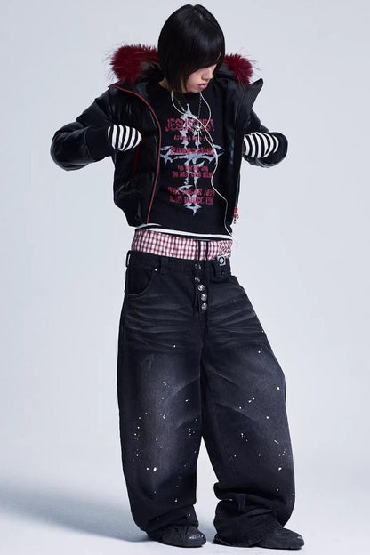 Patchwork Leather Fur Collar Jacket