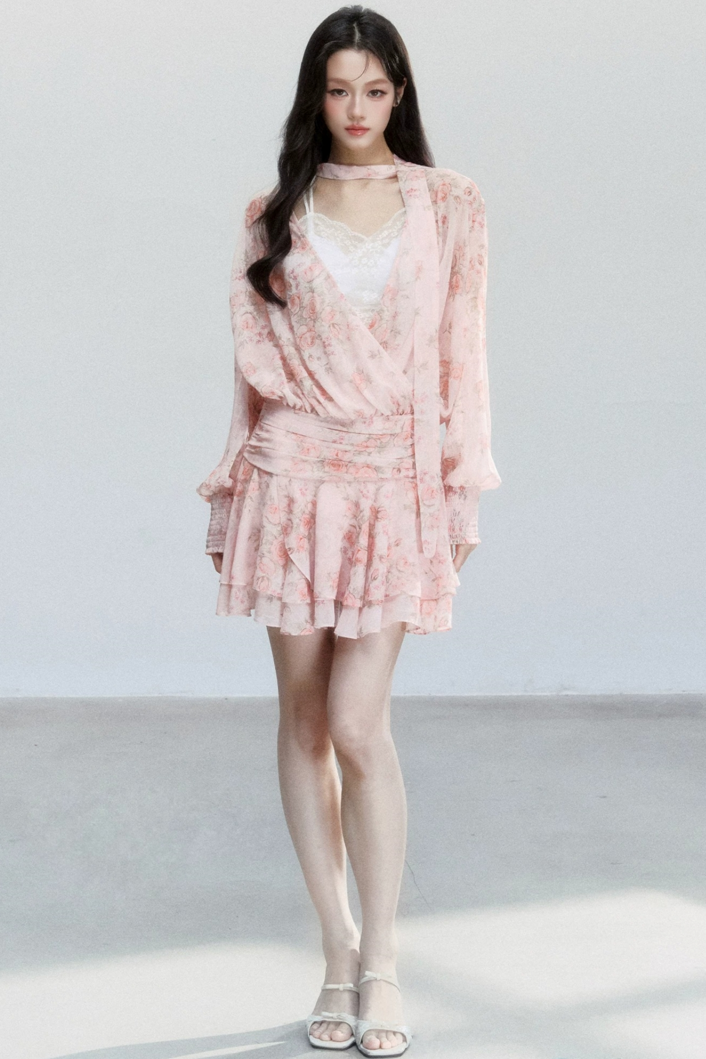 Completo Abito Floreale in Chiffon Rosa
