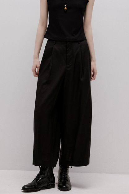 Imitation Linen Black Cropped Pants