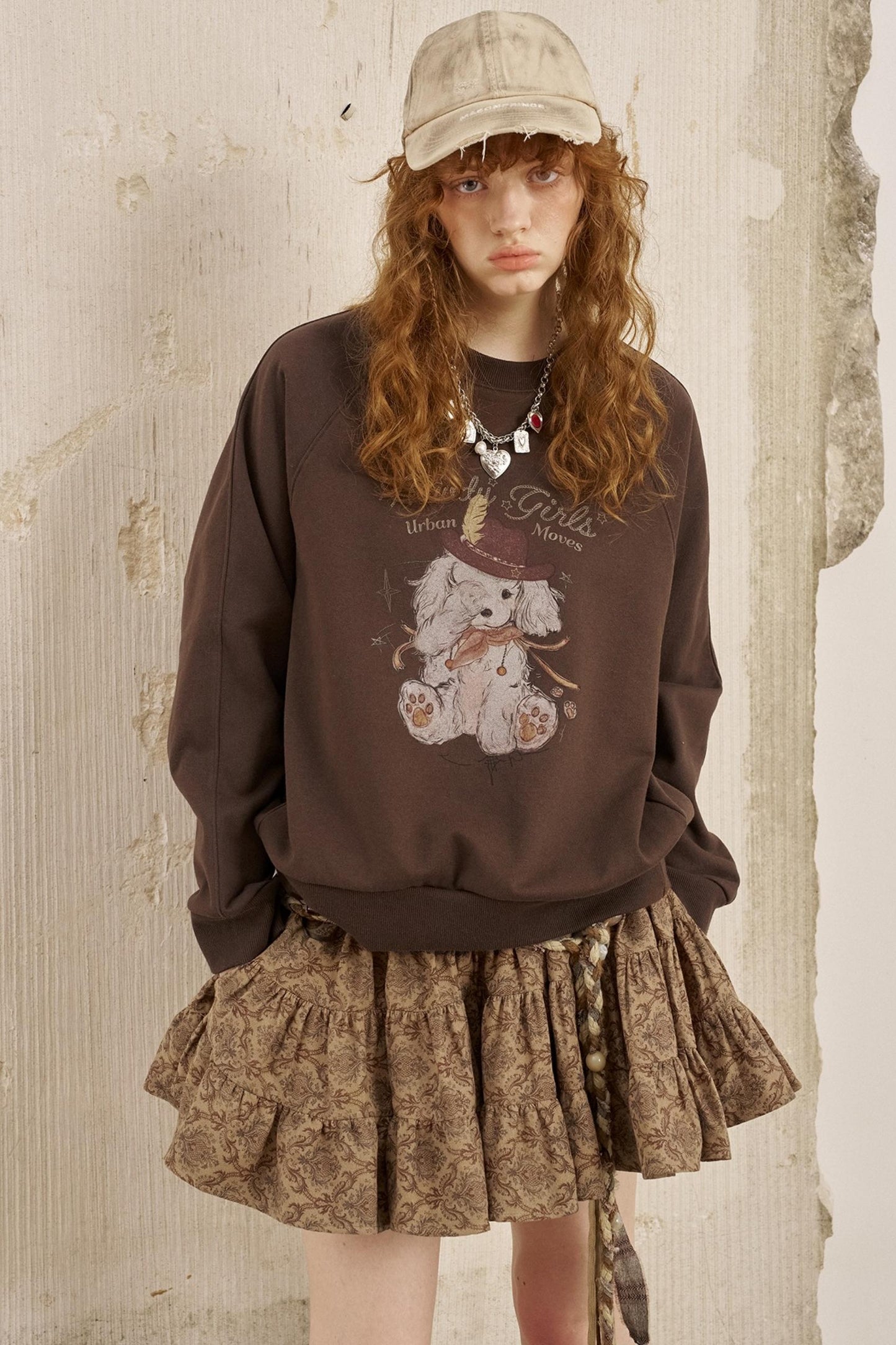 Blindfolded Puppy Print Crew Neck Pullover