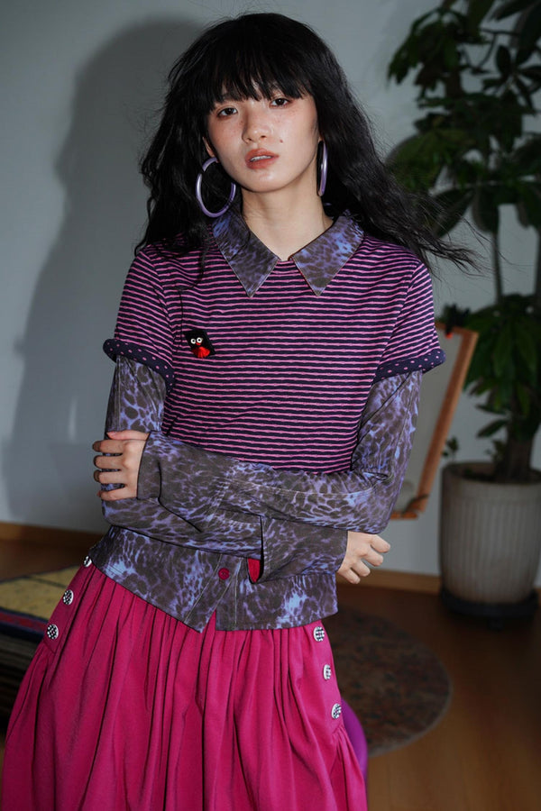 Vintage Striped Rolled Hem Short-Sleeve Top