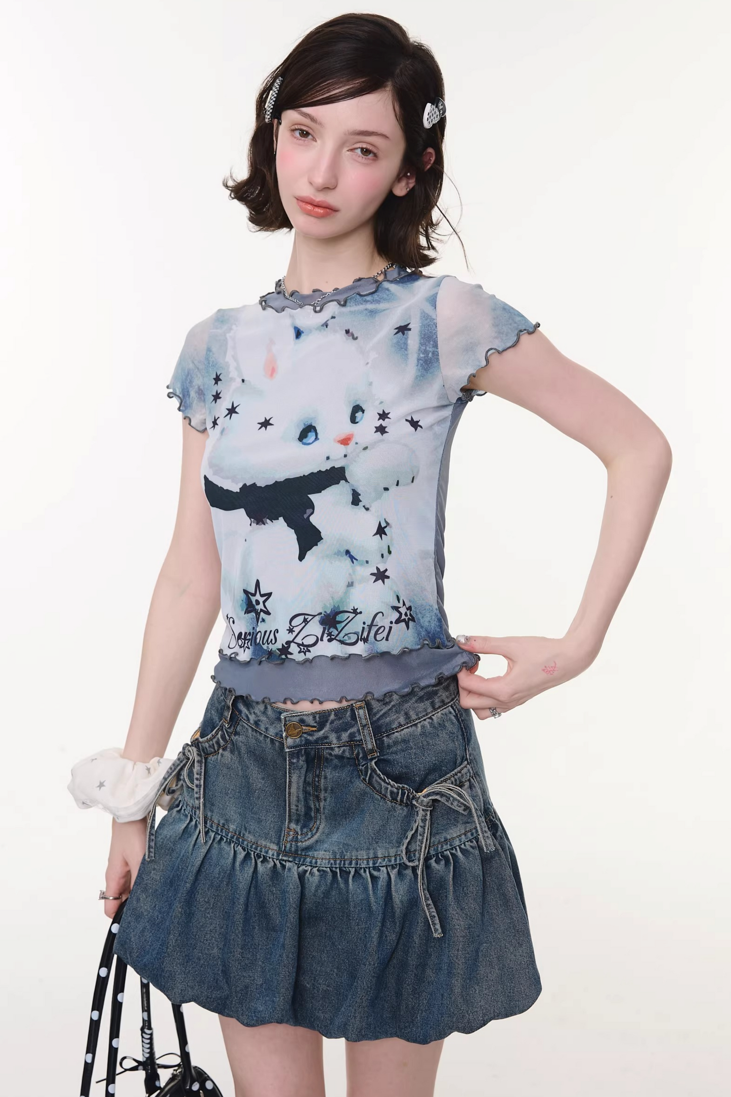 Mesh Plaid Cat Print Top