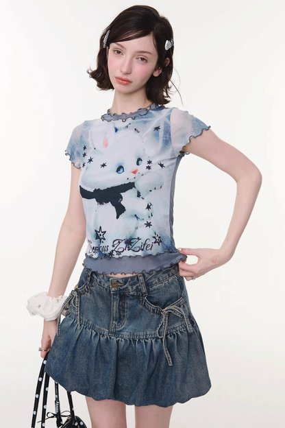 Mesh Plaid Cat Print Top