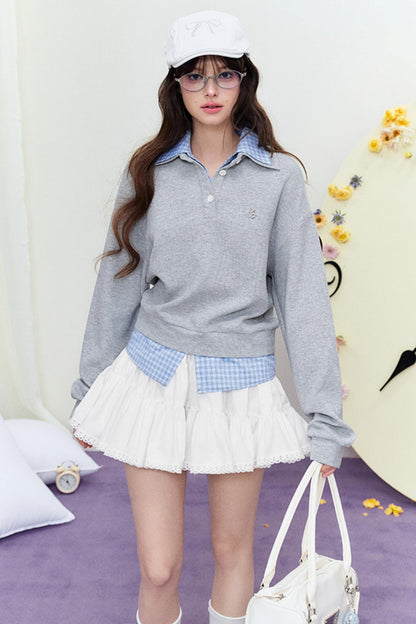 Plaid Splice Polo Sweater