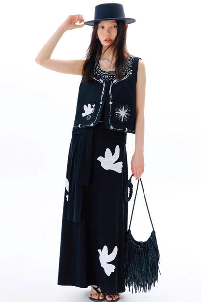 Bright Star Vintage Bird Embroidery Wool Jacket Set-Up