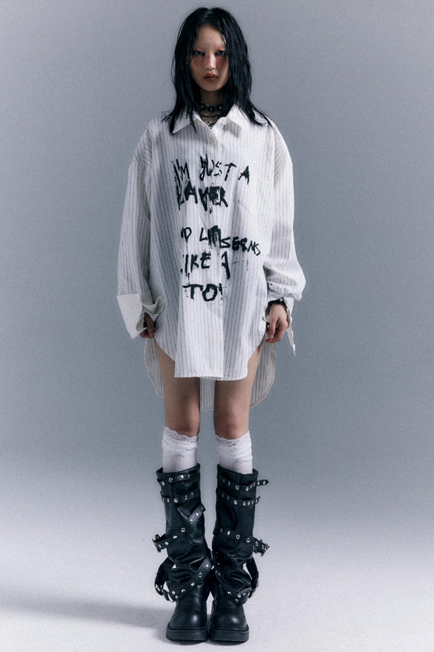 Graffiti Print Striped Long-Sleeved Shirt