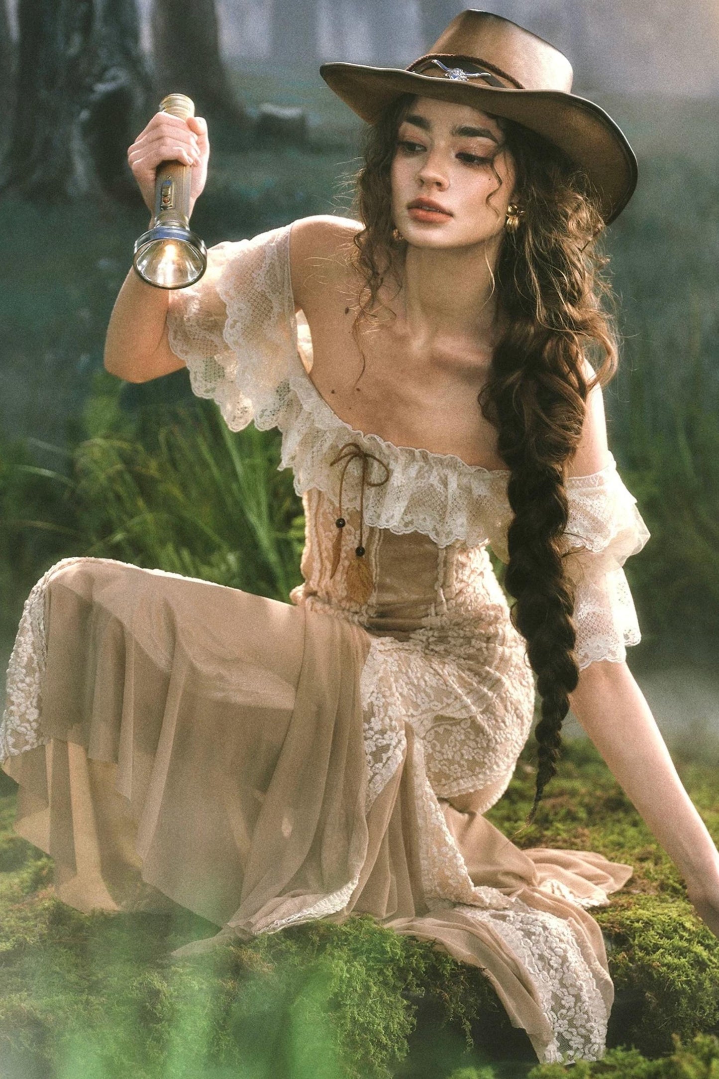 French Countryside Lace One-Shoulder Dress