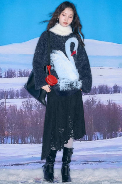 Moonlight Swan Faux Velvet Sweater