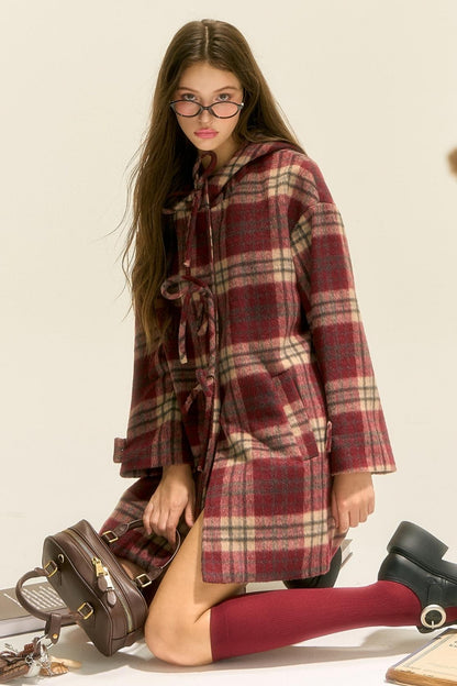 Plaid Bow Hoodie Coat Dress