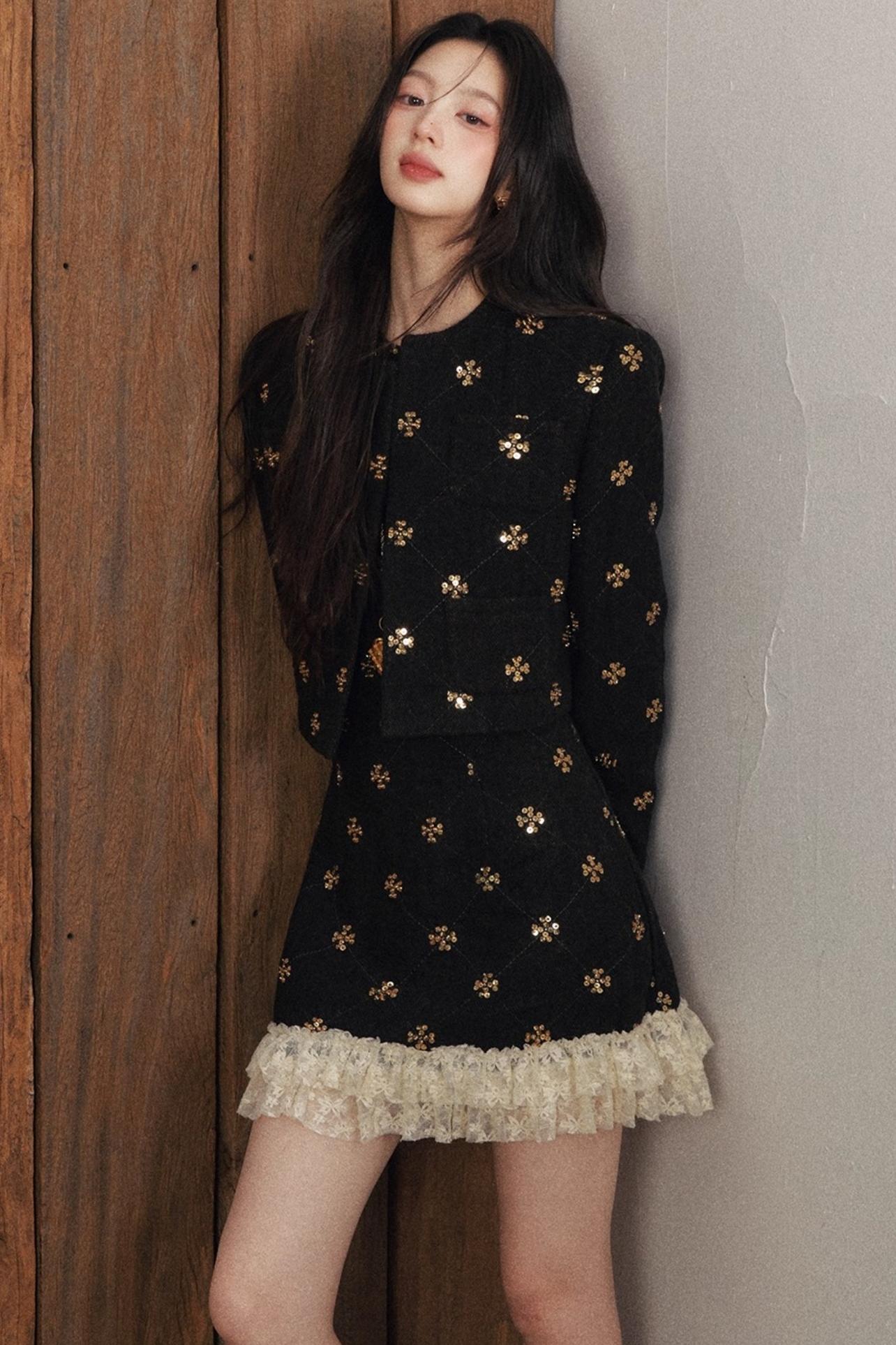 Gold Sequin Tweed Fragrance Winter Short Coat Set-Up