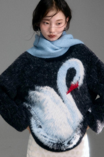 Moonlight Swan Faux Velvet Sweater
