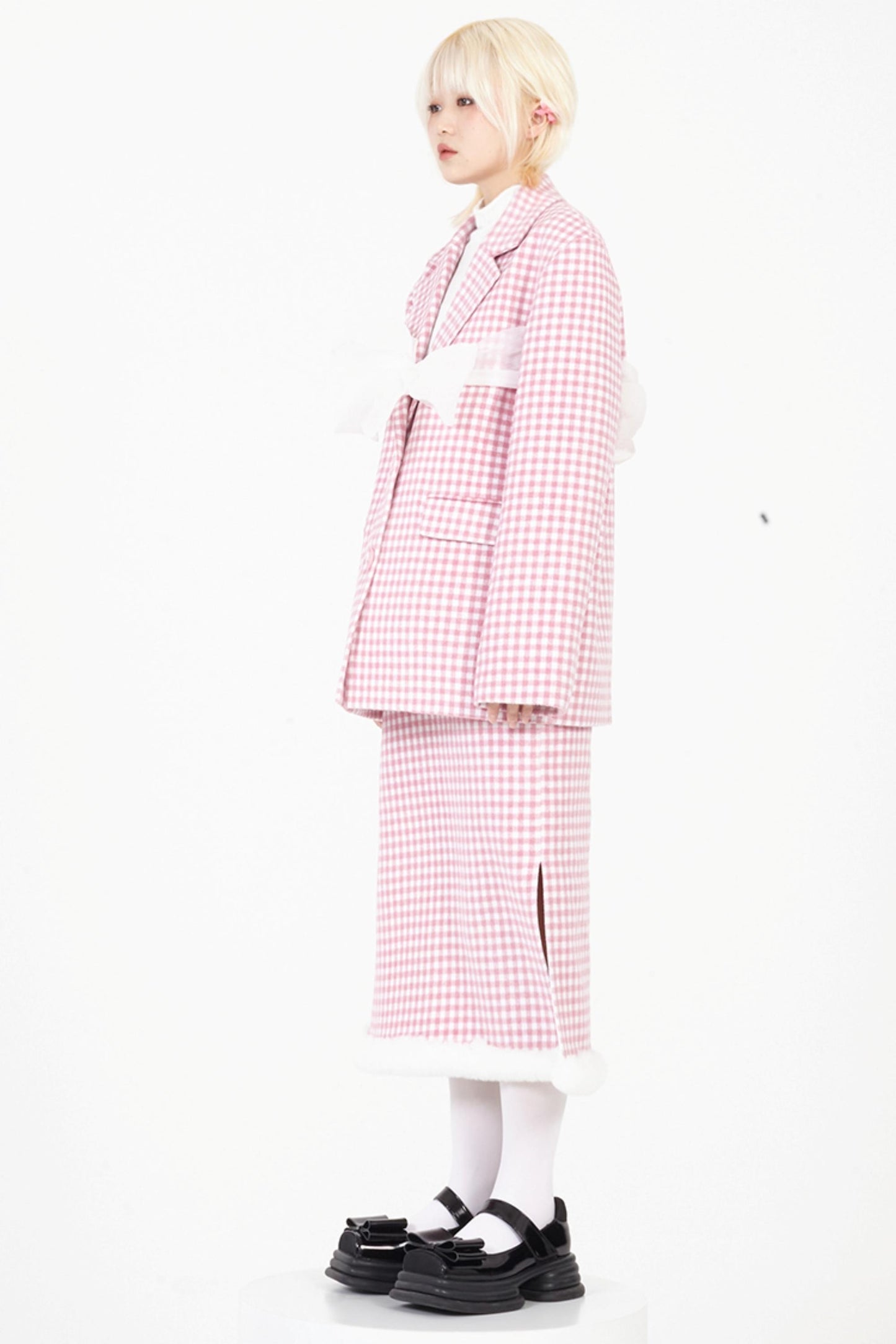 Chinese-Style Pink Wool Plaid Skirt