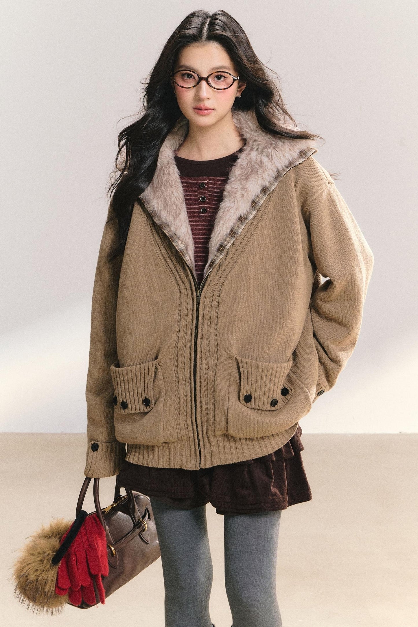 Plaid Patchwork Knit Cardigan