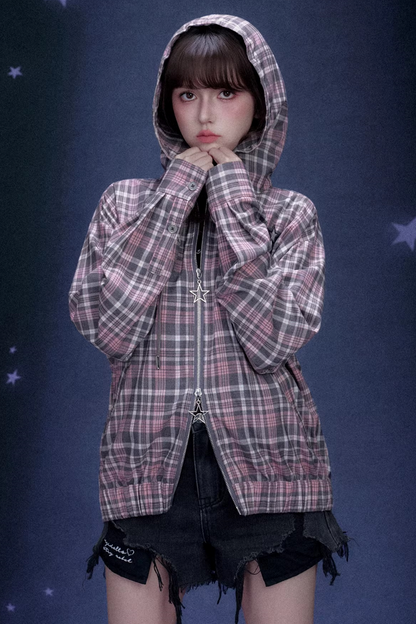 Pink Plaid Hooded Jacket