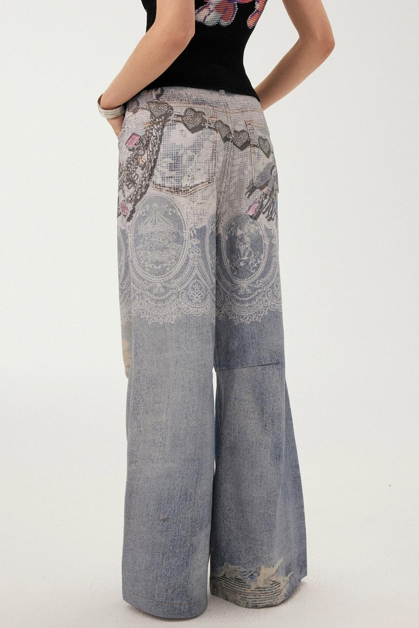 Blue Chain Detail Wide-Leg Straight Denim Pants
