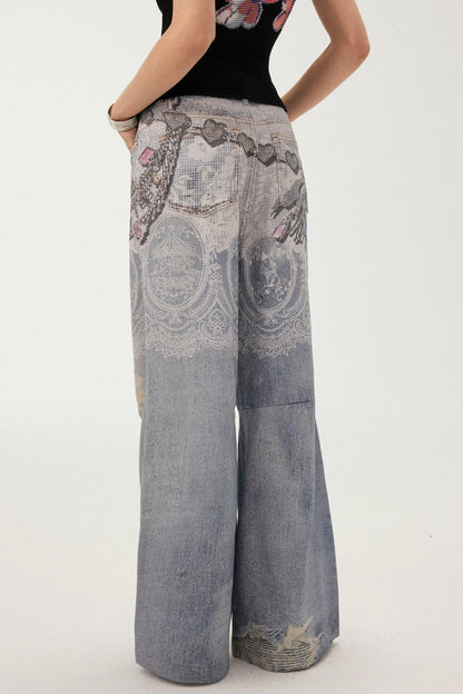 Blue Chain Detail Wide-Leg Straight Denim Pants