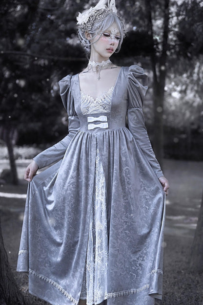 Gray Purple Gothic Embroidered Dress