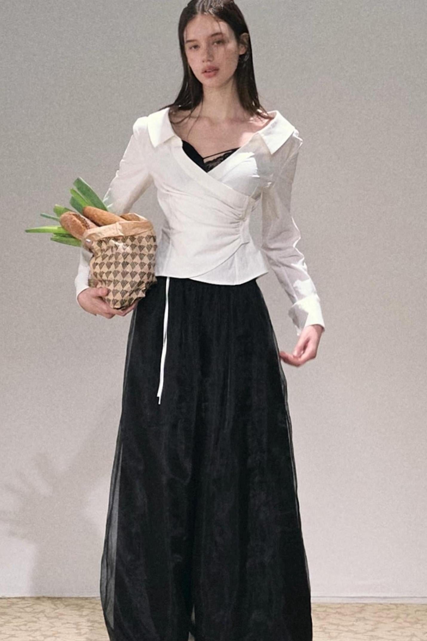 Texture Collar Stretch Shirt Top