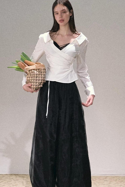 Texture Collar Stretch Shirt Top