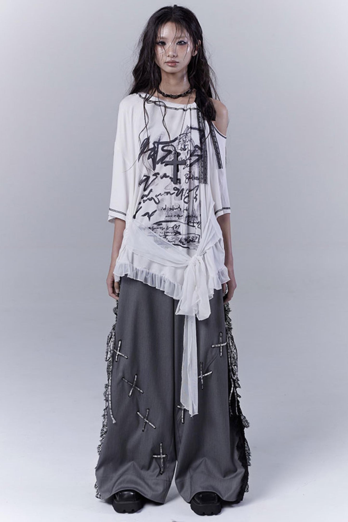 Gray Hollow Lace Fusion Casual Trousers